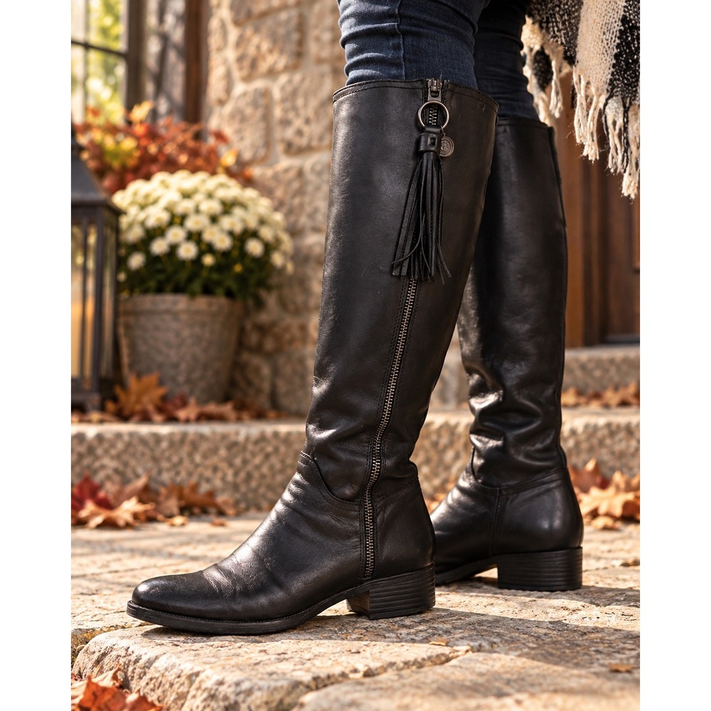 Bussola Siena Black Leather Tall Riding Boots Tassel Zip Women's 10